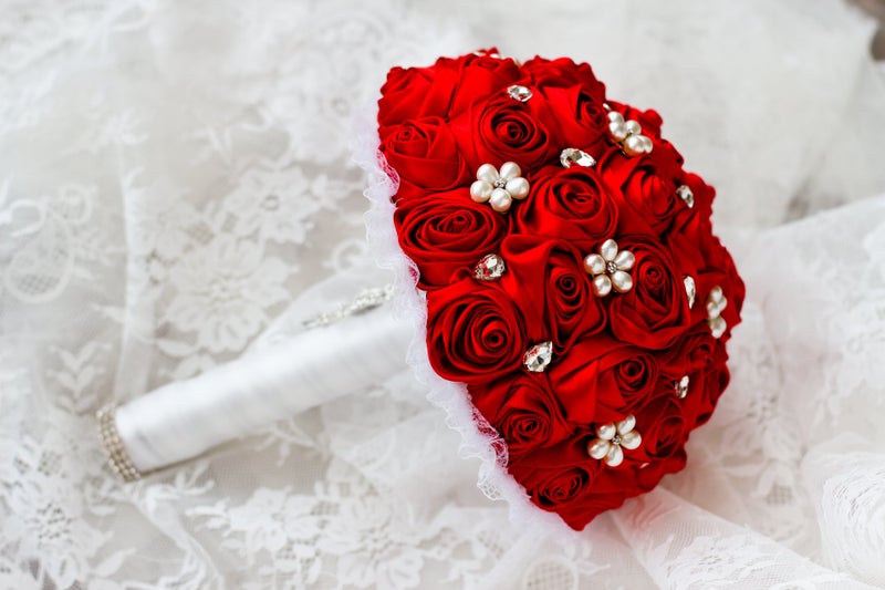 IFFO Ivory, Blue, Coral, T Blueï¼ŒRed Rose Flower Bridal Brooch Bouquet Wedding Bride 's Jewelry Crystal Pearl Rhinestone Cloth Fabric Bouquets (red) - Image 4